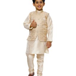 P-MARK Full Sleeves Solid Kurta & Pyjama With Seamless Block Design Detailed Jacket - Golden-image-11