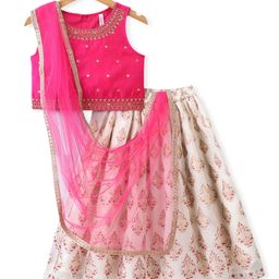 Babyhug Woven Sleeveless Embroidered Choli With Foil Printed Lehenga & Dupatta Set - White & Pink-image-24