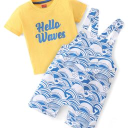 Babyhug 100% Cotton Knit Single Jersey Dungaree & Half Sleeves T-Shirt Set With Text & Waves Print - Blue & Yellow-image-20