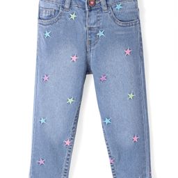 Babyhug Denim Full Length Jeans With Stretch & Star Embroidery - Blue-image-9