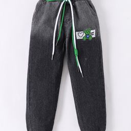 Kookie Kids Denim Full Length Bear Embroidered & Draw Cords Detailing Jeans - Black-image-87