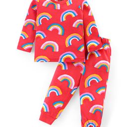 Babyhug Cotton Knit Full Sleeves Rainbow Printed Night Suit - Red-image-3