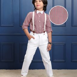 Mark & Mia Full Sleeves Checkered Party Shirt & Trouser Set with Bow & Suspender -  Maroon & White-image-71