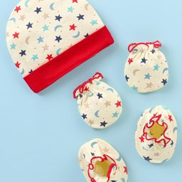 Ben Benny 100% Cotton Knit Cap Mittens & Booties Star Print White & Red - Diameter 10 cm-image-91