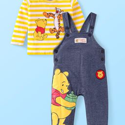 Babyhug Disney Cotton Knit Full Sleeves Striped Winnie The Pooh Printed T-Shirt & Dungaree Style Romper - Blue & Yellow-image-93