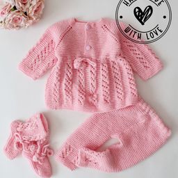 Woonie Full Sleeves Handknitted Self Design Sweater Set With Socks - Pink-picture-14