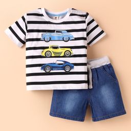 ToffyHouse Cotton Knit Half Sleeves T-Shirt & Shorts Set with Stripes & Car Print - White & Navy Blue-image-11