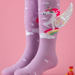 Yellow Bee Cotton Unicorn Designed & Wings Applique Detailed Socks - Purple-image-12