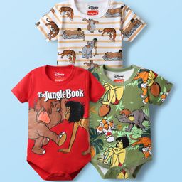 Babyhug Disney Interlock Knit Half Sleeves Onesies With Mowgli & Friends Graphics Pack of 3 - Red White & Olive Green-image-91