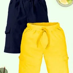 Kiddopanti Cotton Pack Of 2 Solid Cargo Shorts - Navy Blue & Yellow-picture-30