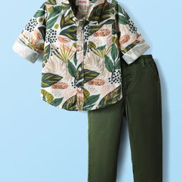 Babyhug Cotton Woven Full Sleeves Shirt & Trouser Set With Leaf Print - Olive Green-image-91