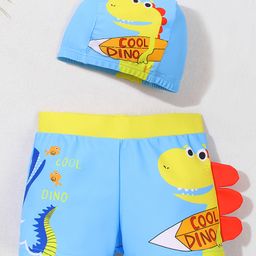 Mark & Mia Swimming Trunks With Dino Print & Cap - Light Blue-image-92