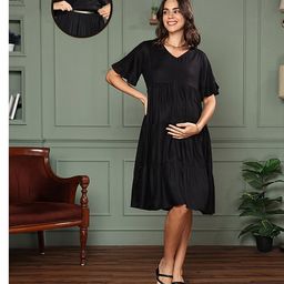 MomToBe Rayon Half Sleeves Solid Maternity Dress With Nursing Access - Black-picture-3