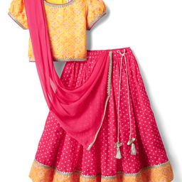 Babyhug Woven Half Sleeves Bandhani Printed Lehenga Choli Set With Embroidery Detailing & Dupatta - Fuchsia-image-115