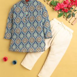 Jeet Ethnics Cotton Blend Full Sleeves Ethnic Printed Kurta Pyjama Set - Blue-image-87