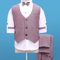 Rikidoos Full Sleeves Solid 3 Piece Party Suit Set With Bow - Maroon & White-image-55