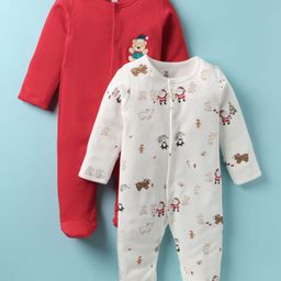 I Bears Interlock Knit Full Sleeves Footed Sleepsuit With Santa Print Pack Of 2 - White & Red-image-56
