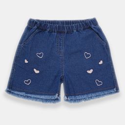 Creative Kids Denim Cotton Hearts Embroidered Frayed Shorts - Navy Blue-image-89