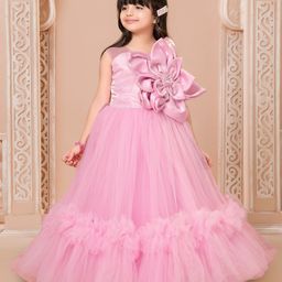 Ministitch Net Woven Sleeveless Floral Applique & Ruffle Detailed Gown - Pink-image-70