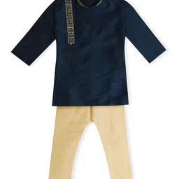 Earth Conscious Blended Woven Full Sleeves Threadwork Detailed Kurta Pyjama Set - Navy Blue-picture-34