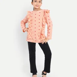 Nino Togs Cotton Jersey Knit Full Sleeves Hearts Printed Frill Detailed Top & Lounge Pants - Pink & Black-picture-24