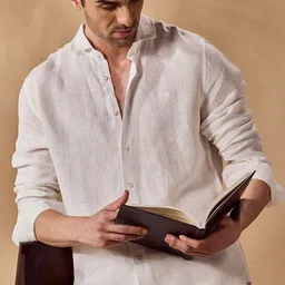 Aldeno Men India Spread Collar Solid Linen Slim Fit Casual Shirt-picture-50