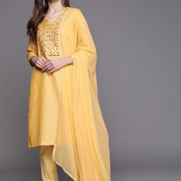 Biba Women Yellow & Silver Mirror Work Kurta with Trousers & Dupatta-image-75
