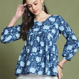 Merira Women Floral Jaipuri Printed V-Neck Cotton Empire Top-image-48