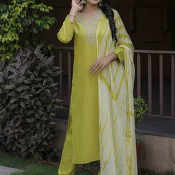 Moda Rapido Green Yoke Design Embroidered Cotton Silk Kurta With Trouser & Dupattaa-37