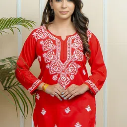 ADR CHIKAN Women Red & White Ethnic Motifs Embroidered Chikankari Handloom Kurti-picture-51