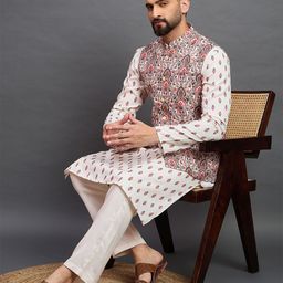 House of Pataudi Men Ethnic Motifs Printed Kurta with Pyjama & Nehru Jacket-picture-37