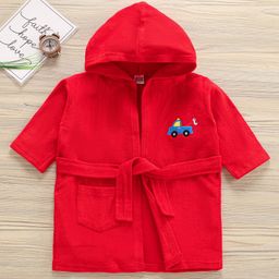 Babyhug Three Fourth Sleeve Bathrobe With Hood And Embroidery - Red-image-63