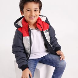 Babyhug Polyester Full Sleeves Color Block Hooded Fashion Heavy Winter Jacket - Silver Red Blue-image-84