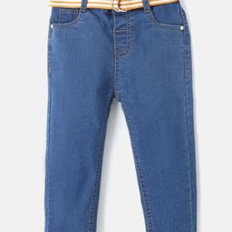 Babyhug Cotton Stretchable Full Length Washed Jeans With Belt With Mock Fly  - Medium Blue-image-25