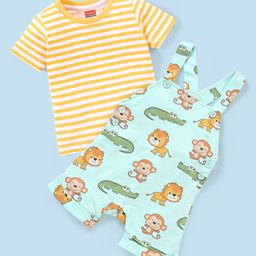 Babyhug 100% Cotton Knit Dungaree and Half Sleeves T-Shirt Set Stripes & Lion Print - Yellow & Light Blue-image-72