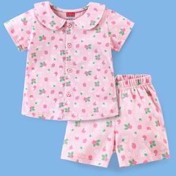 Babyhug 100% Cotton Knit Half Sleeves Night Suit Strawberry Print - Pink-image-43