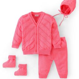 Babyhug Knitted Full Sleeves Sweater Set with Cap & Booties Solid Colour - Pink-picture-16