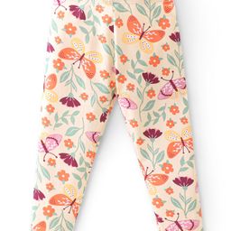 Babyhug Cotton Lycra Full Length Butterfly Printed Leggings - Cream-image-64