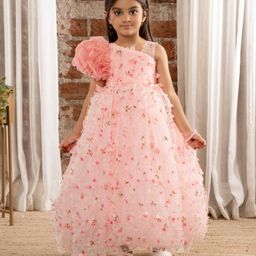 Ministitch One Shoulder Ruffled & Seamless 3D Flowers And Butterflies Embellished & Dobby Work Detailed Fit & Flare Ball Gown - Peach-image-52
