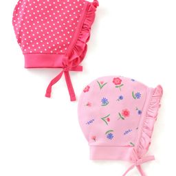 Babyhug 100% Cotton Caps With Foral & Polka Dots Print Pack Of 2 - Pink-image-76