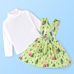 Babyhug Cotton Knit Full Sleeves Top & Skirt Set with Suspenders Nature Print - Off White & Green-image-62