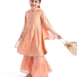 Babyhug Woven Three Fourth Sleeve Georgette Floral Foil Printed Kurti Sharara and Dupatta Set - Coral-image-35