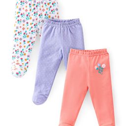 Babyhug Cotton Footed Bootie Leggings Striped & Floral Print Pack of 3 - White Purple & Pink-image-79