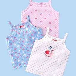 Babyhug 100% Cotton Sleeveless Slips Cherry & Floral Print Pack of 3- Pink Blue & White-image-82