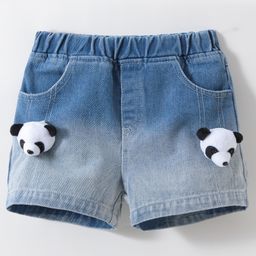 Kookie Kids Mid Thigh Length Denim Shorts with Dual Shade Detailing & Panda Applique - Blue-image-70