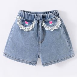 Kookie Kids Mid Thigh Length Washed Shorts with Floral Embroidery - Blue-picture-15