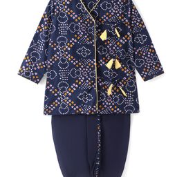 Babyhug Cambric Woven Full Sleeves Bandhani Printed Angarkha Dhoti Set with Tassle Detailing - Navy Blue-image-63