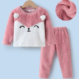 Kookie Kids Full Raglan Sleeves Winter Wear Night Suit With Animal Face Applique - Pink-image-49
