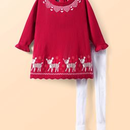 ToffyHouse Cotton Knit Full Sleeves Winter Frock With Deer Design & Stockings - Red-image-80