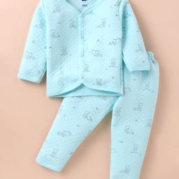 Simply Knit Full Sleeves Winter Wear Front Open Night Suit with Bear Print - Aqua Blue-image-30